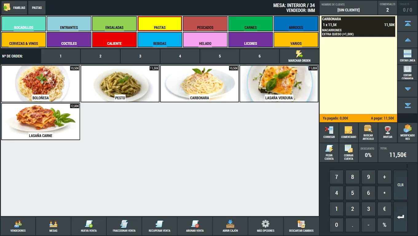 Pantalla real del TPV con familias de productos, platos y cuenta de la mesa