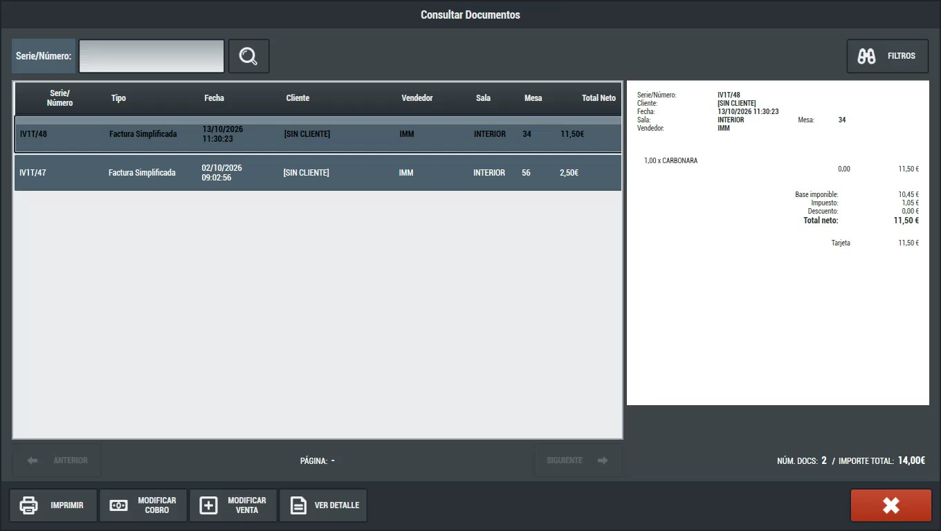 Pantalla real de consulta de documentos y ventas registradas en el TPV