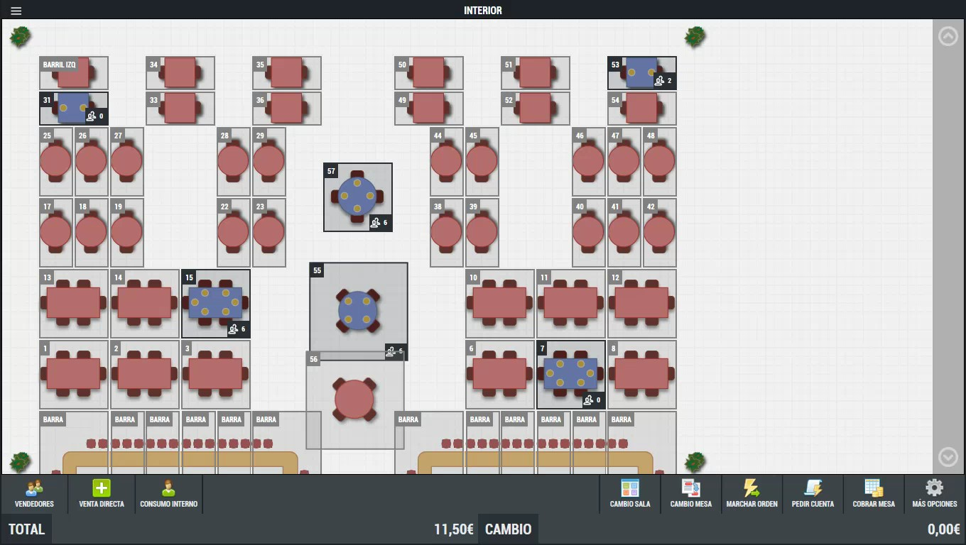 Captura real del plano de sala con mesas, barras y zonas del restaurante